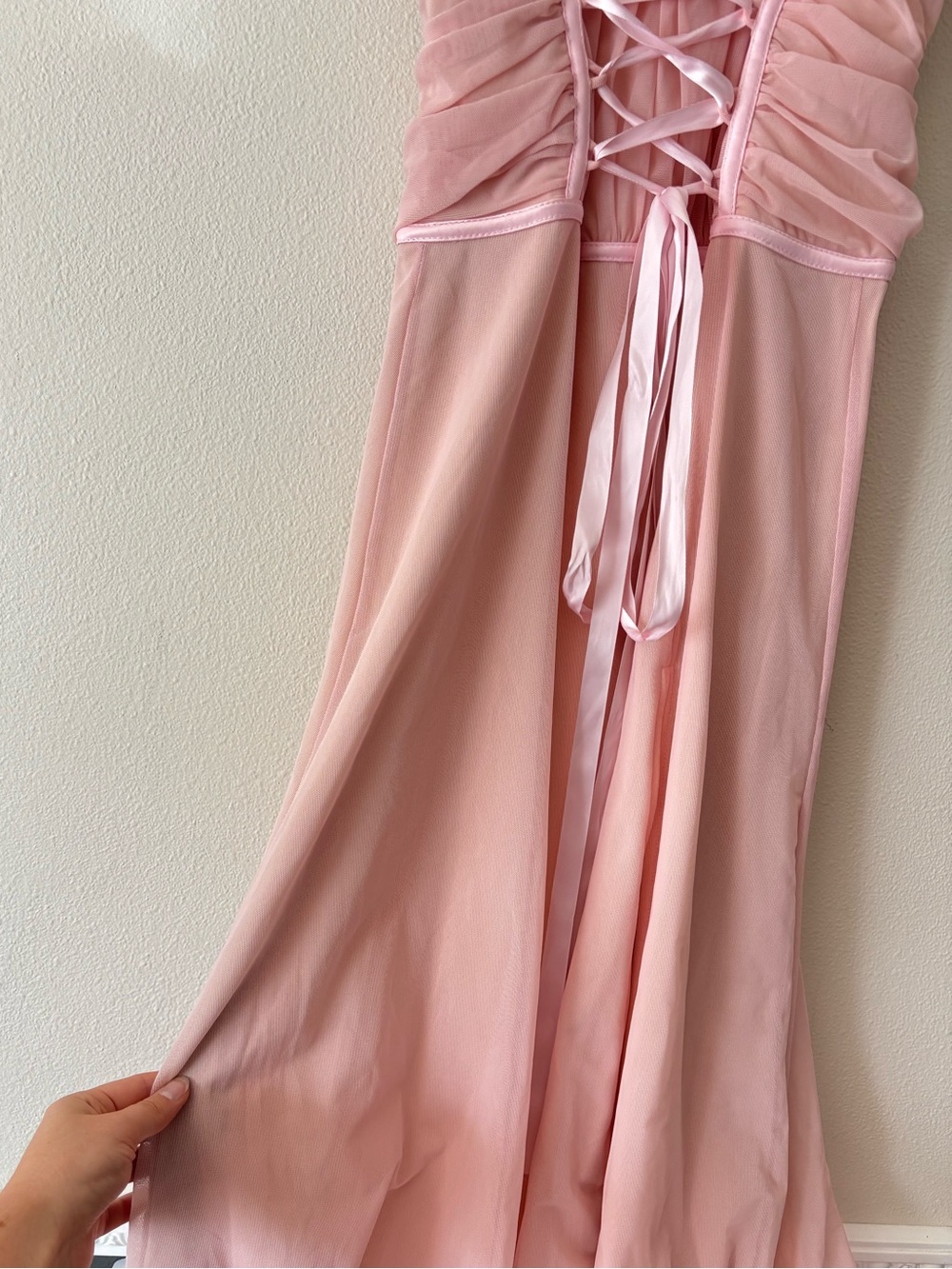 Tadashi Shoji Vintage Blush Pink Balletcore Lace-Up Mesh Maxi Dress Size 8 - Picture 8 of 11